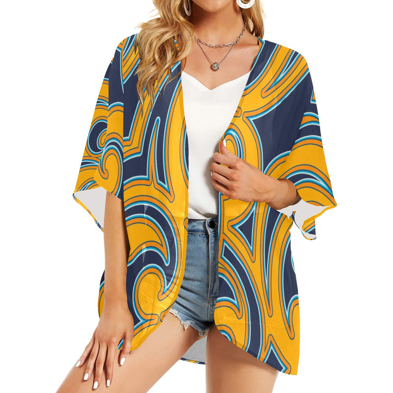 scroll turmeric blue stroke print Women's Kimono Chiffon Cover Up (Model H51) - Objet D'Art
