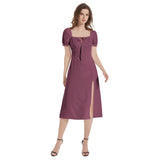 Burgundy Puff Sleeve Split Thigh Midi Dress - Objet D'Art