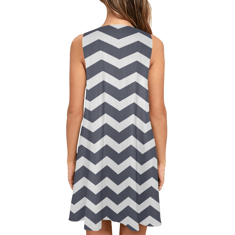 waves gray print 5 Sleeveless A-Line Pocket Dress (Model D57) - Objet D'Art