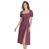 Burgundy Puff Sleeve Split Thigh Midi Dress - Objet D'Art