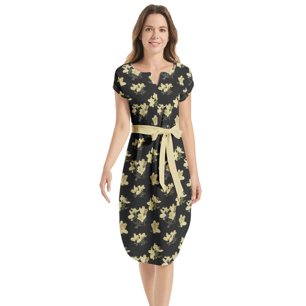 Azalea Print Notched Neck Belted Dress - Objet D'Art
