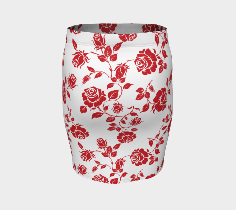 Red Roses on White Fitted Skirt - Objet D'Art