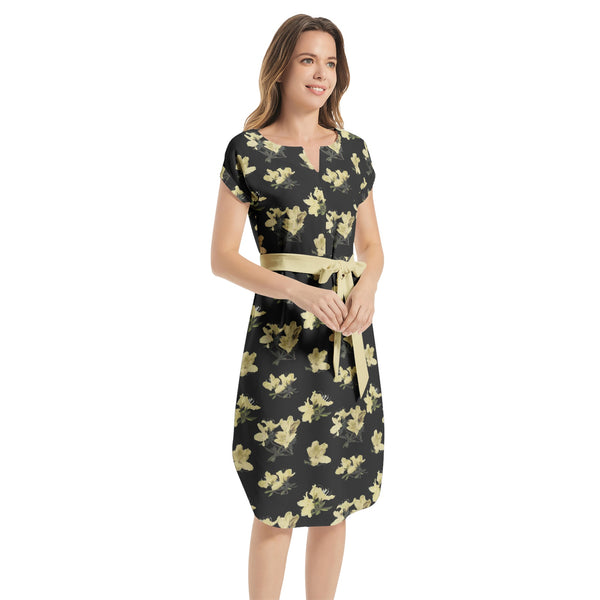 Azalea Print Notched Neck Belted Dress - Objet D'Art