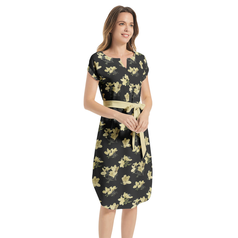 Azalea Print Notched Neck Belted Dress - Objet D'Art
