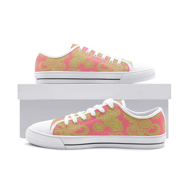 Pink and Green Paisley Unisex Low Top Canvas Shoes - Objet D'Art
