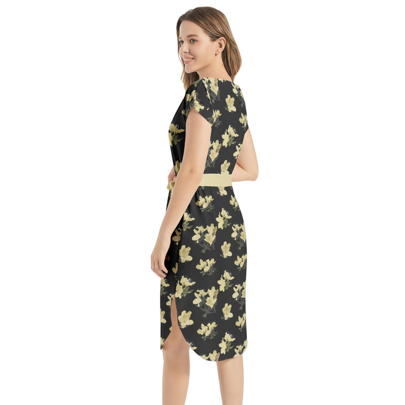 Azalea Print Notched Neck Belted Dress - Objet D'Art