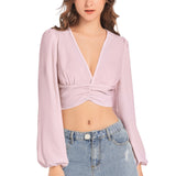 Rose Pink Women's Deep V-Neck Lantern Sleeve Crop Top - Objet D'Art