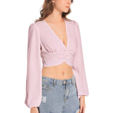 Rose Pink Women's Deep V-Neck Lantern Sleeve Crop Top - Objet D'Art