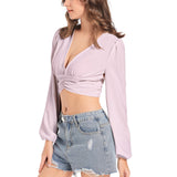 Rose Pink Women's Deep V-Neck Lantern Sleeve Crop Top - Objet D'Art