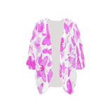 butterfly pink on white print Women's Kimono Chiffon Cover Up (Model H51) - Objet D'Art