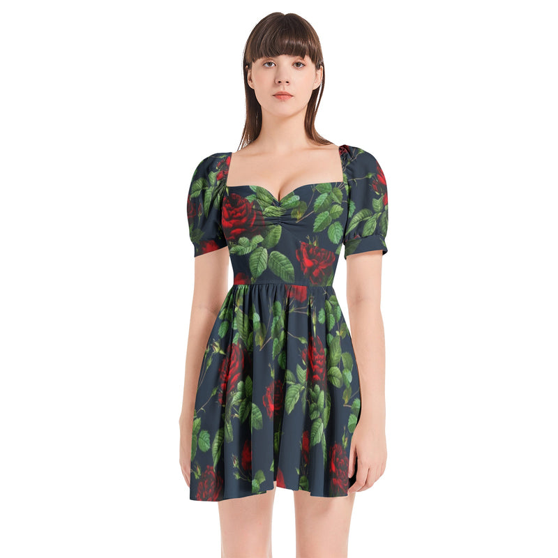 Rose Print Puff Sleeve Sweetheart Neck Short Dress - Objet D'Art