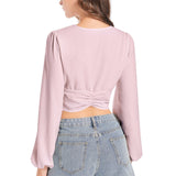 Rose Pink Women's Deep V-Neck Lantern Sleeve Crop Top - Objet D'Art