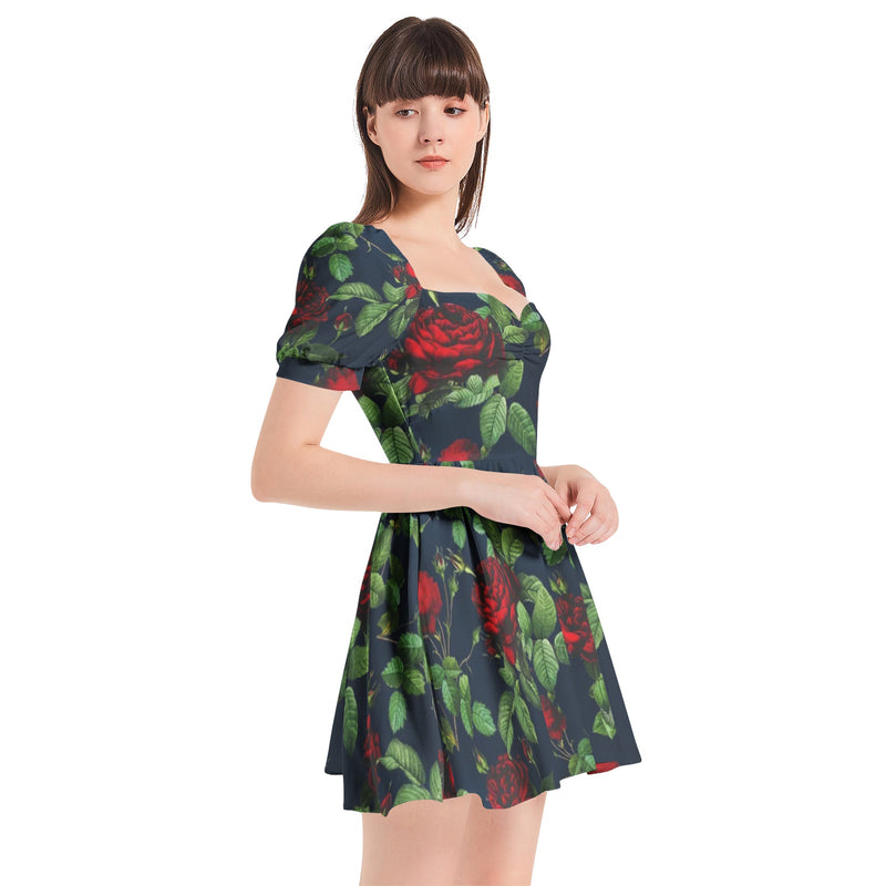 Rose Print Puff Sleeve Sweetheart Neck Short Dress - Objet D'Art