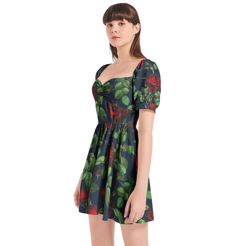 Rose Print Puff Sleeve Sweetheart Neck Short Dress - Objet D'Art