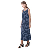 scroll blue print Phaedra Sleeveless Open Fork Long Dress (Model D08) - Objet D'Art