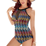 waves colored print 5 Women's High Neck Plunge Mesh Ruched Swimsuit (S43) - Objet D'Art