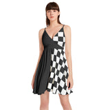 Black and White Spaghetti Strap Sleeveless Falred Hem Short Dress - Objet D'Art