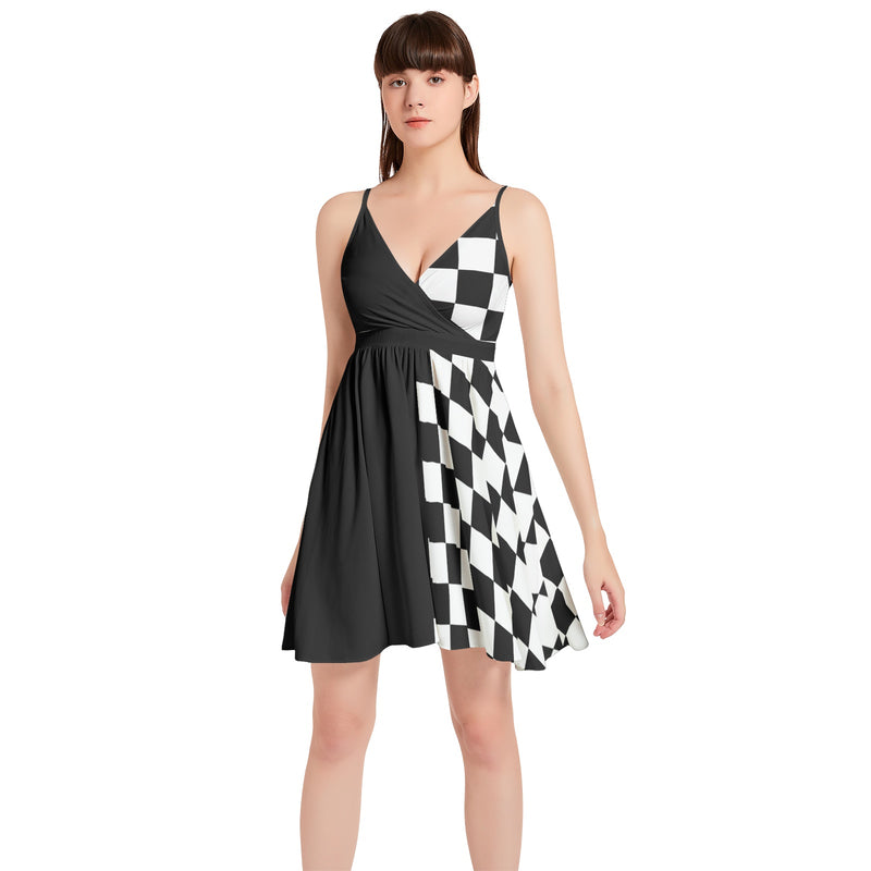 Black and White Spaghetti Strap Sleeveless Falred Hem Short Dress - Objet D'Art
