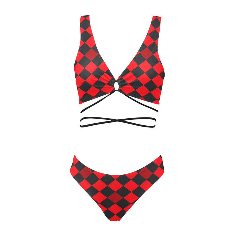 red black diamond print 2 Cross String Bikini Set (Model S29) - Objet D'Art