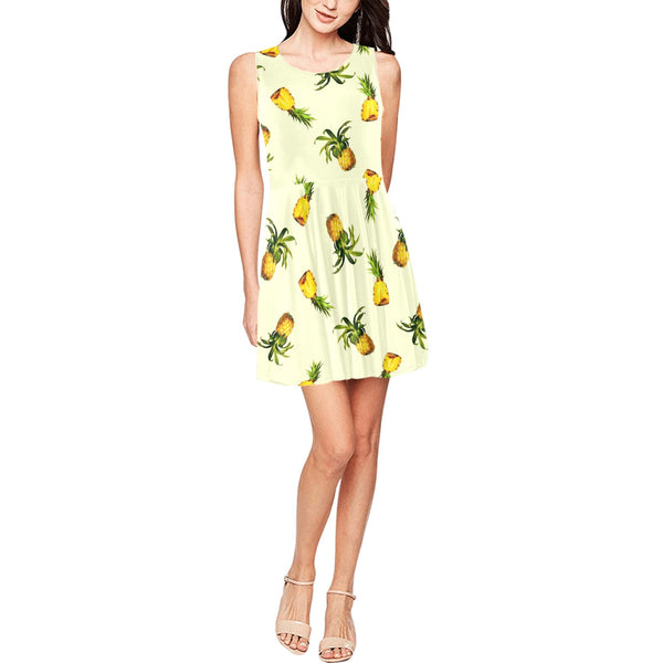 pineapple print leggings Thea Sleeveless Skater Dress(Model D19) - Objet D'Art