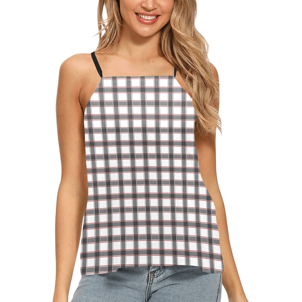 grid red gray print 2 Loose Fit Halter Neck Top (Model T68) - Objet D'Art
