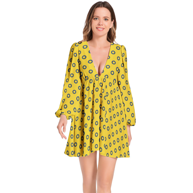Lantern Sleeve Deep V-Neck Short Dress - Objet D'Art