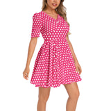 Pink Polka dot Short Sleeve Ruched Bust Flared Hem Dress - Objet D'Art