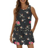 robins flowers print 2 All Over Print Vest Short Jumpsuit - Objet D'Art