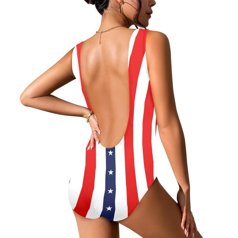 stars and stripes print 2 Women's High Cut Backless Swimsuit (Model S50) - Objet D'Art