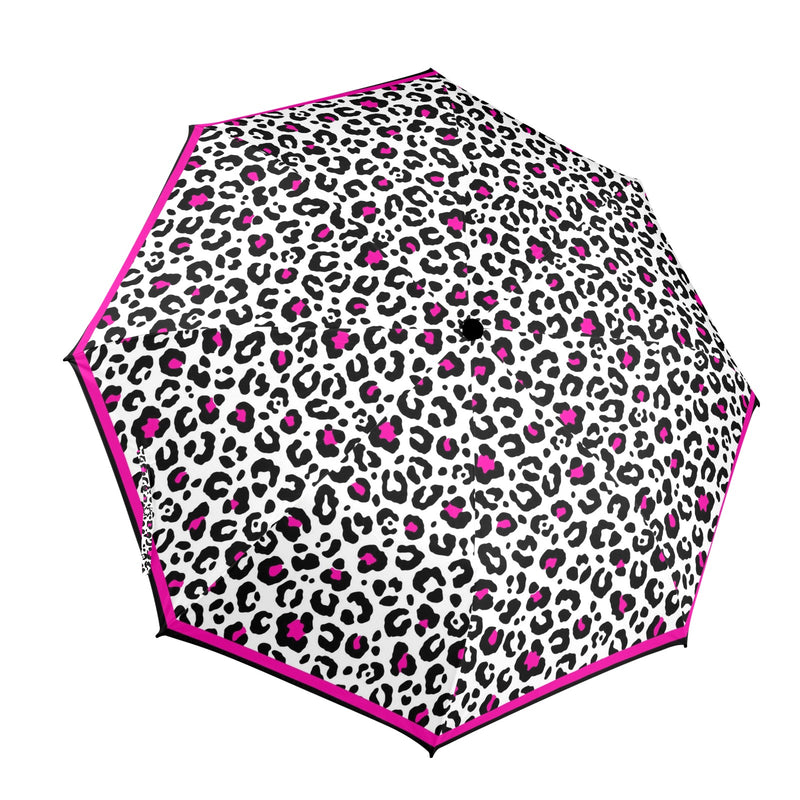 fuchsia leopard print bordered Semi-Automatic Foldable Umbrella (Model U12) - Objet D'Art