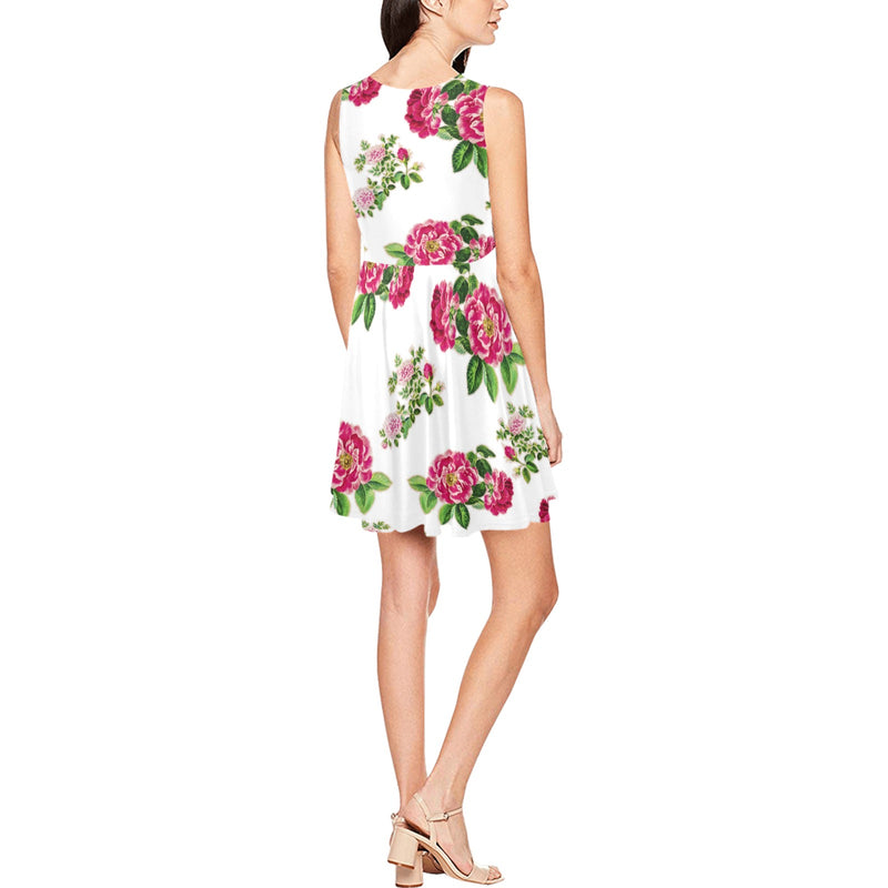 pink on white rose print Thea Sleeveless Skater Dress(Model D19) - Objet D'Art
