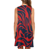 red blue leaf print 2 Sleeveless A-Line Pocket Dress (Model D57) - Objet D'Art