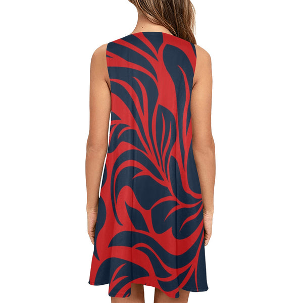 red blue leaf print 2 Sleeveless A-Line Pocket Dress (Model D57) - Objet D'Art