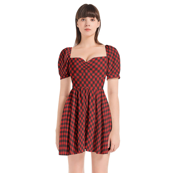 Buffalo Plaid Puff Sleeve Sweetheart Neck Short Dress - Objet D'Art