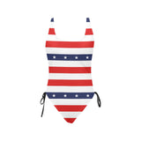 stars and stripes stripe horizontal print Drawstring Side One-Piece Swimsuit (Model S14) - Objet D'Art