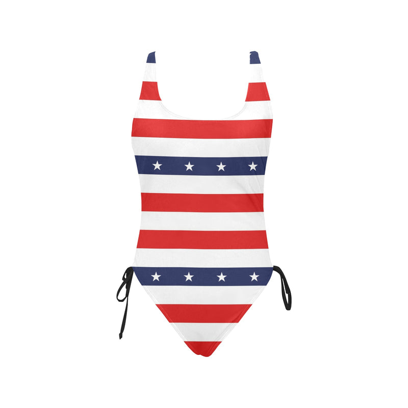 stars and stripes stripe horizontal print Drawstring Side One-Piece Swimsuit (Model S14) - Objet D'Art
