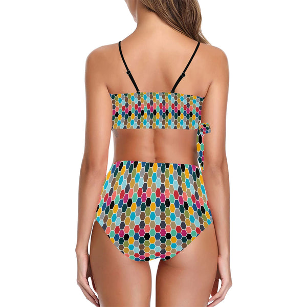 colorful hex swimwear print Knot Side Bikini Swimsuit (Model S37) - Objet D'Art