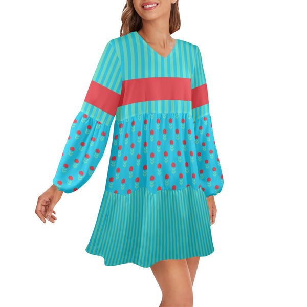 blue green striped print 2 V-Neck Loose Fit Dress (Model D66) - Objet D'Art