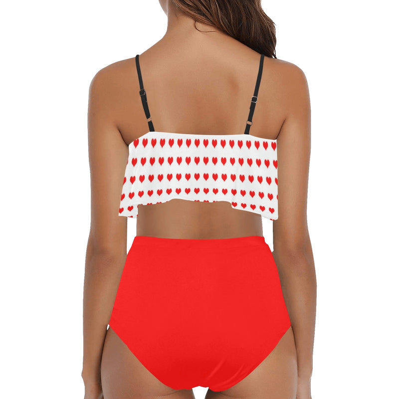 pure red print High Waisted Ruffle Bikini Set (Model S13) - Objet D'Art