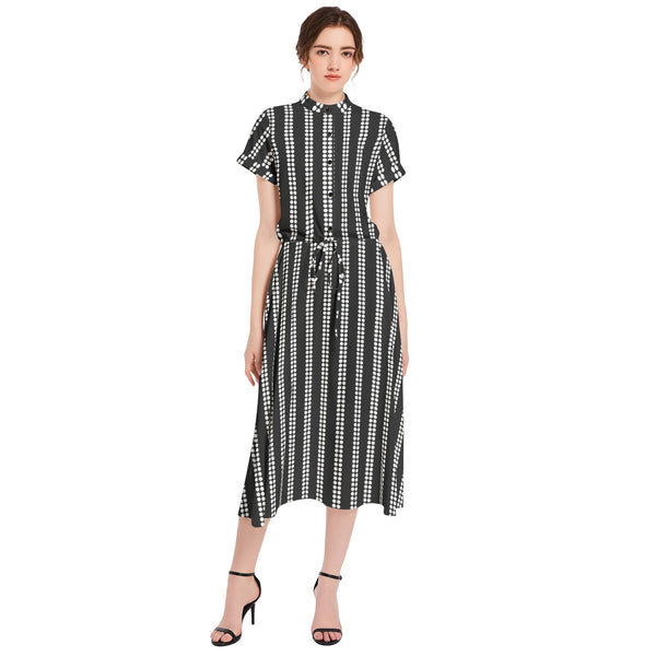 Striped Drawstring Waist A-line Flared Midi Dress - Objet D'Art