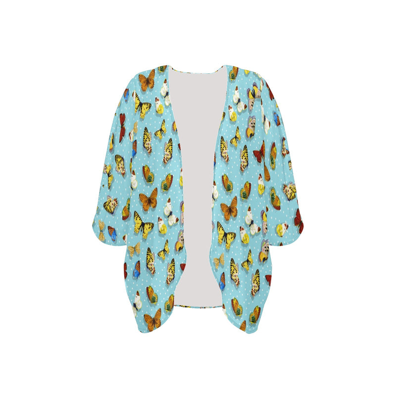 butterfly polkadots print Women's Kimono Chiffon Cover Up (Model H51)