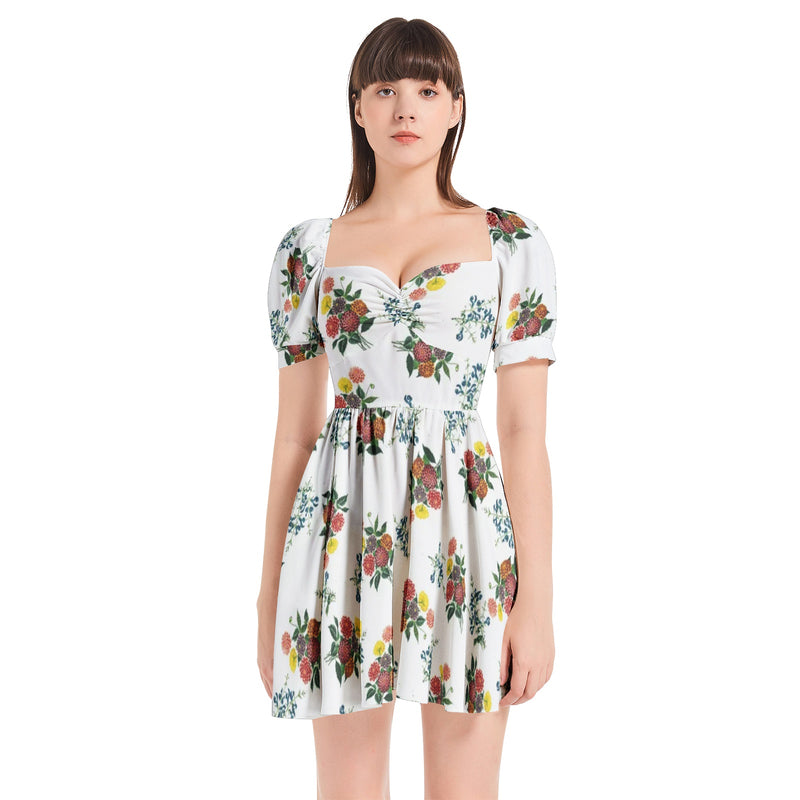 Dahlia on White Puff Sleeve Sweetheart Neck Short Dress - Objet D'Art