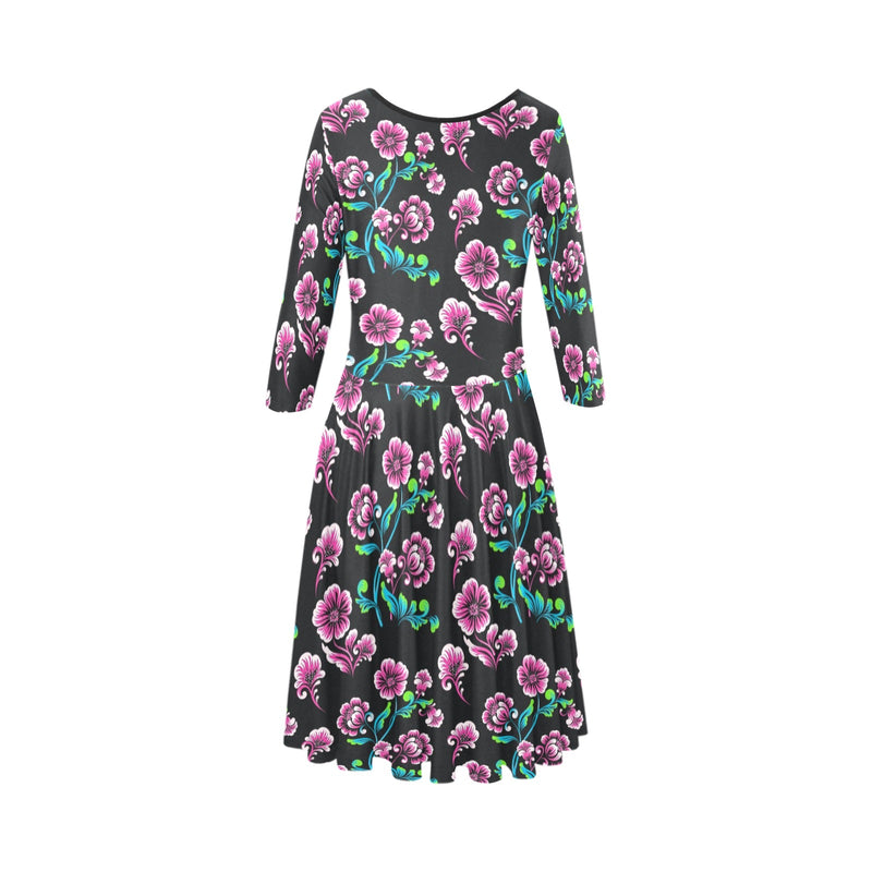 floral pink and blue print 2 Tethys Half-Sleeve Skater Dress(Model D20) - Objet D'Art