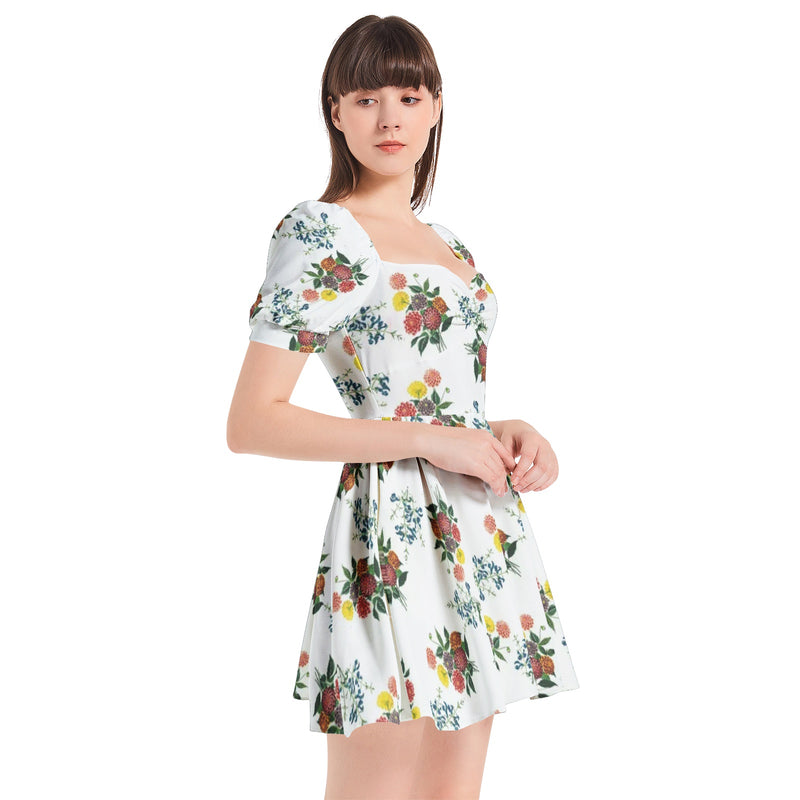 Dahlia on White Puff Sleeve Sweetheart Neck Short Dress - Objet D'Art