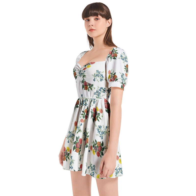 Dahlia on White Puff Sleeve Sweetheart Neck Short Dress - Objet D'Art