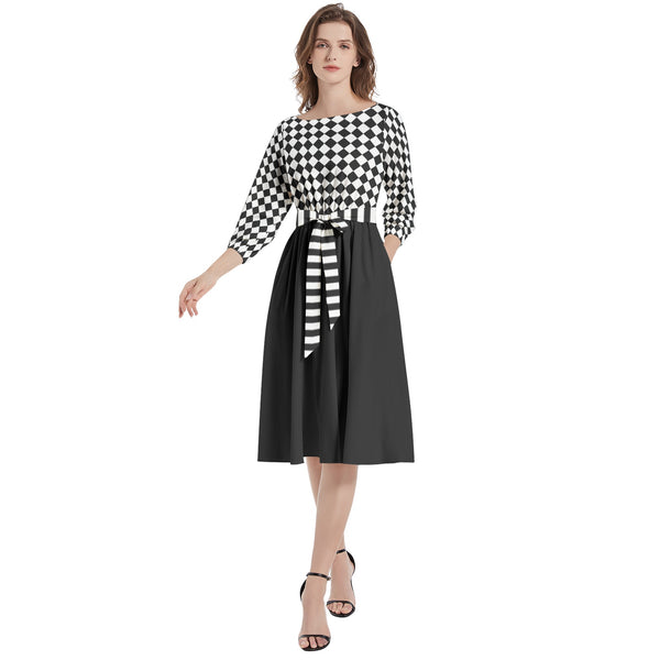 Boat Neck Belted Flared Dress - Objet D'Art
