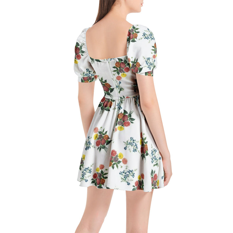 Dahlia on White Puff Sleeve Sweetheart Neck Short Dress - Objet D'Art