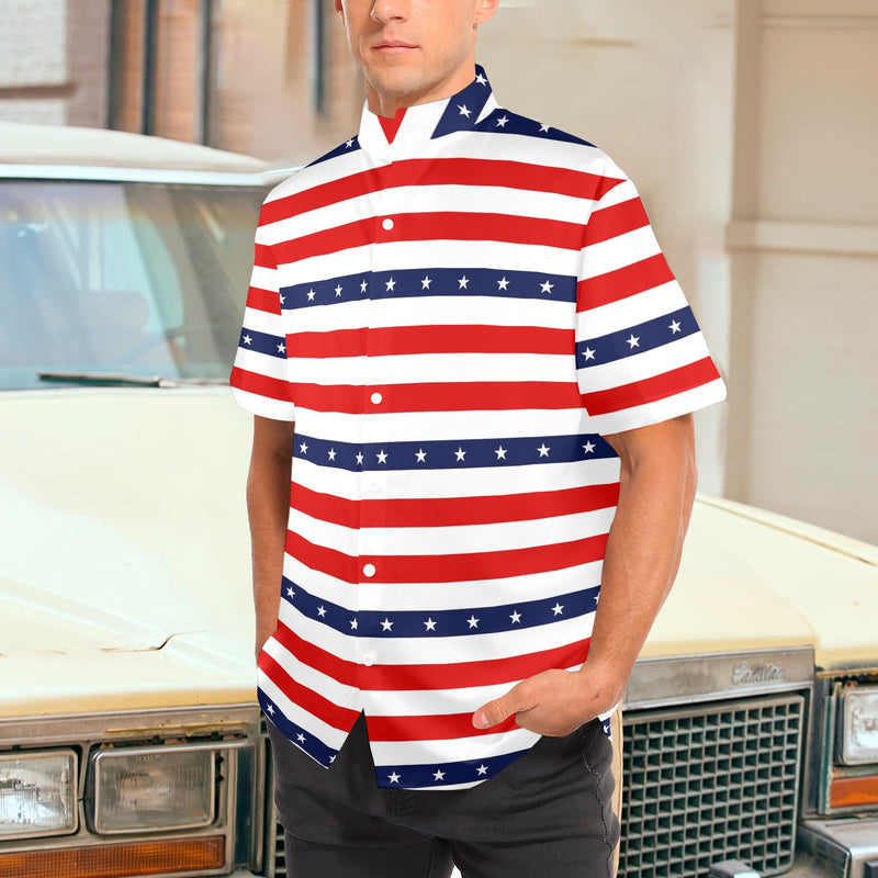 stars and stripes red white blue print 2 Men's Stand-Up Collar Short Sleeve Shirt - Objet D'Art