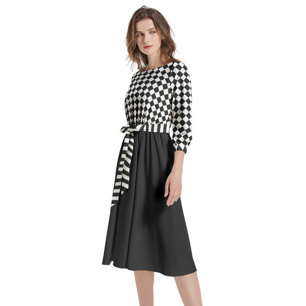 Boat Neck Belted Flared Dress - Objet D'Art