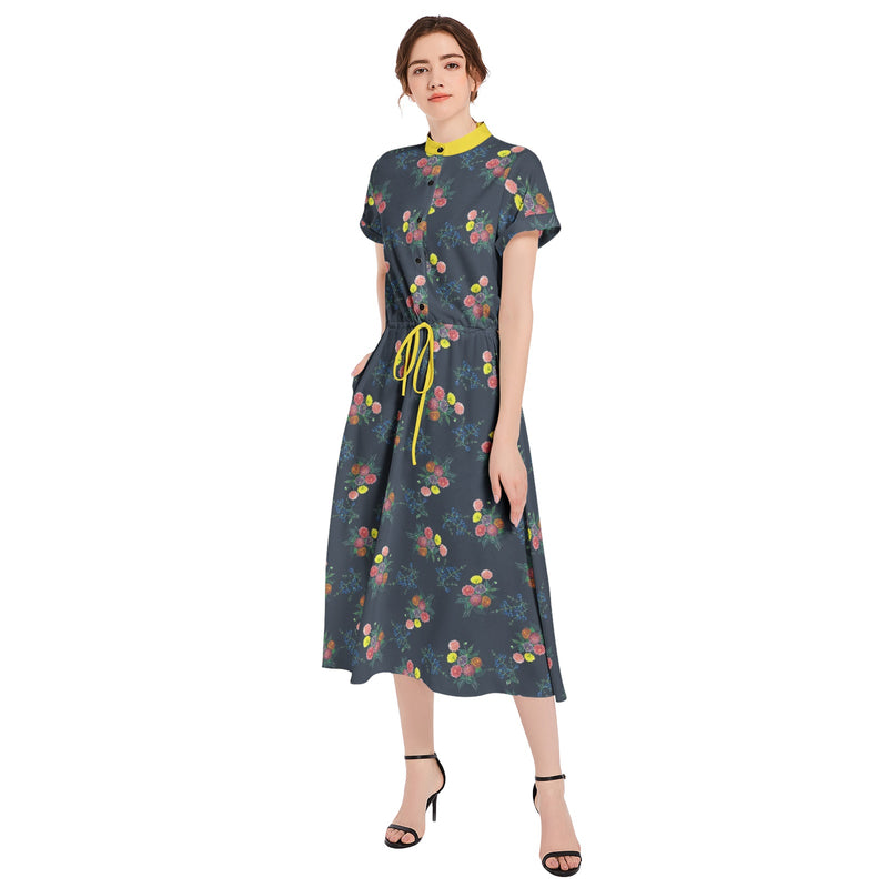 M Kemp Dahlia Drawstring Waist A-line Flared Midi Dress - Objet D'Art